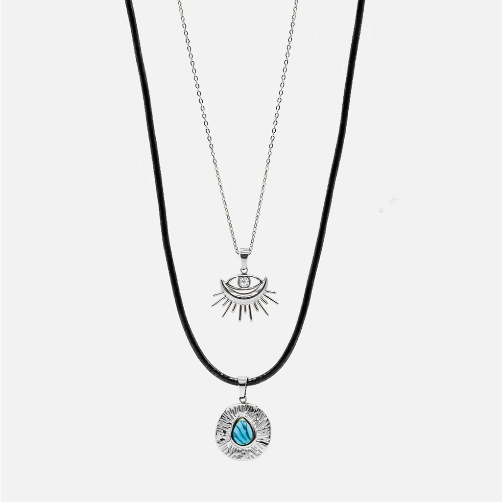 Emma & Chloe Silver And Black Layered Necklace Set